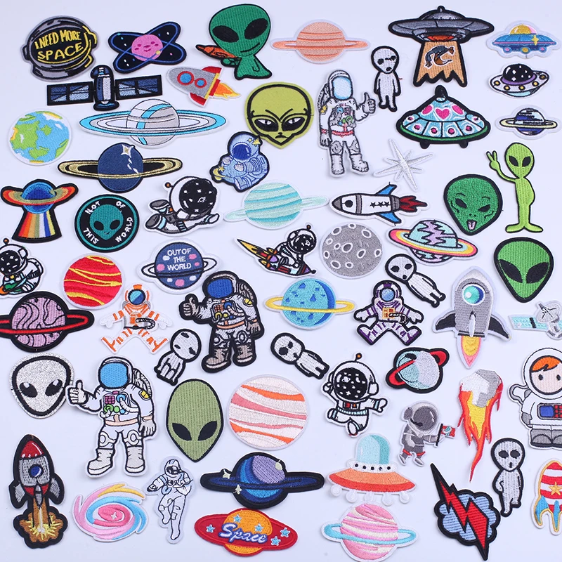 

Cartoon Astronauts Embroidered Patches for Clothing Thermoadhesive Patches Anime UFO Alien Badges Velcro Patch Textile Sticker