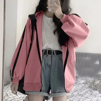 Fall Winter Women's Zip Oversized Hoodies Long Sleeve Loose Pink Black Casual Zipper Hooded Sweatshirts 1