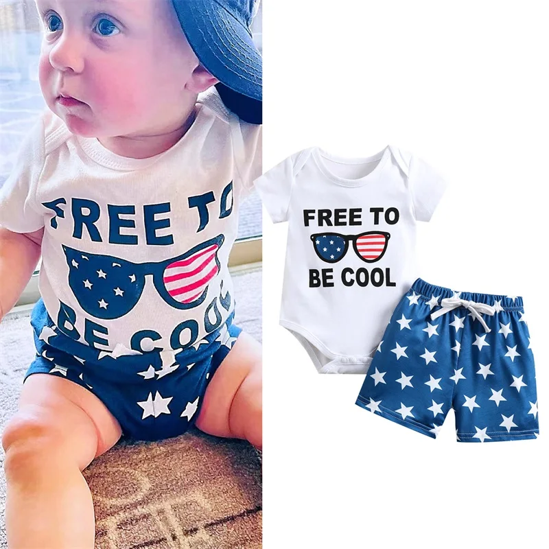 

2Pcs Newborn Baby Boys 4th of July Outfit Letter Print Short Sleeves Romper + Star Print Shorts Set for Infants 0-24 Months