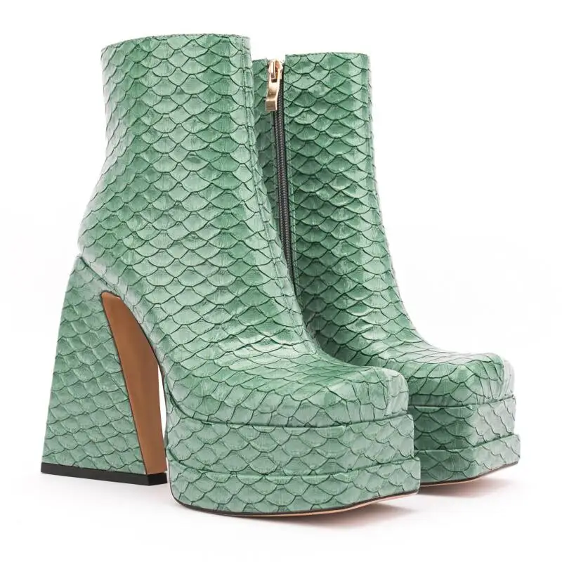 

Women's Sexy Python Pattern Platform Ankle Boots Square Toe Thick High Heel Punk Party Shoes Green Beige Orange Big Size 34-43