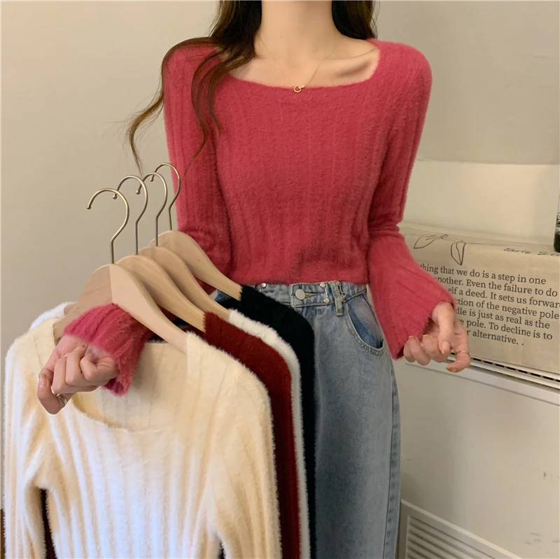 

Autumn Winter Women Knitted Square Collar Full Sleeve Basic Sweaters Slim Short Top High Stretch Knit T Shirt