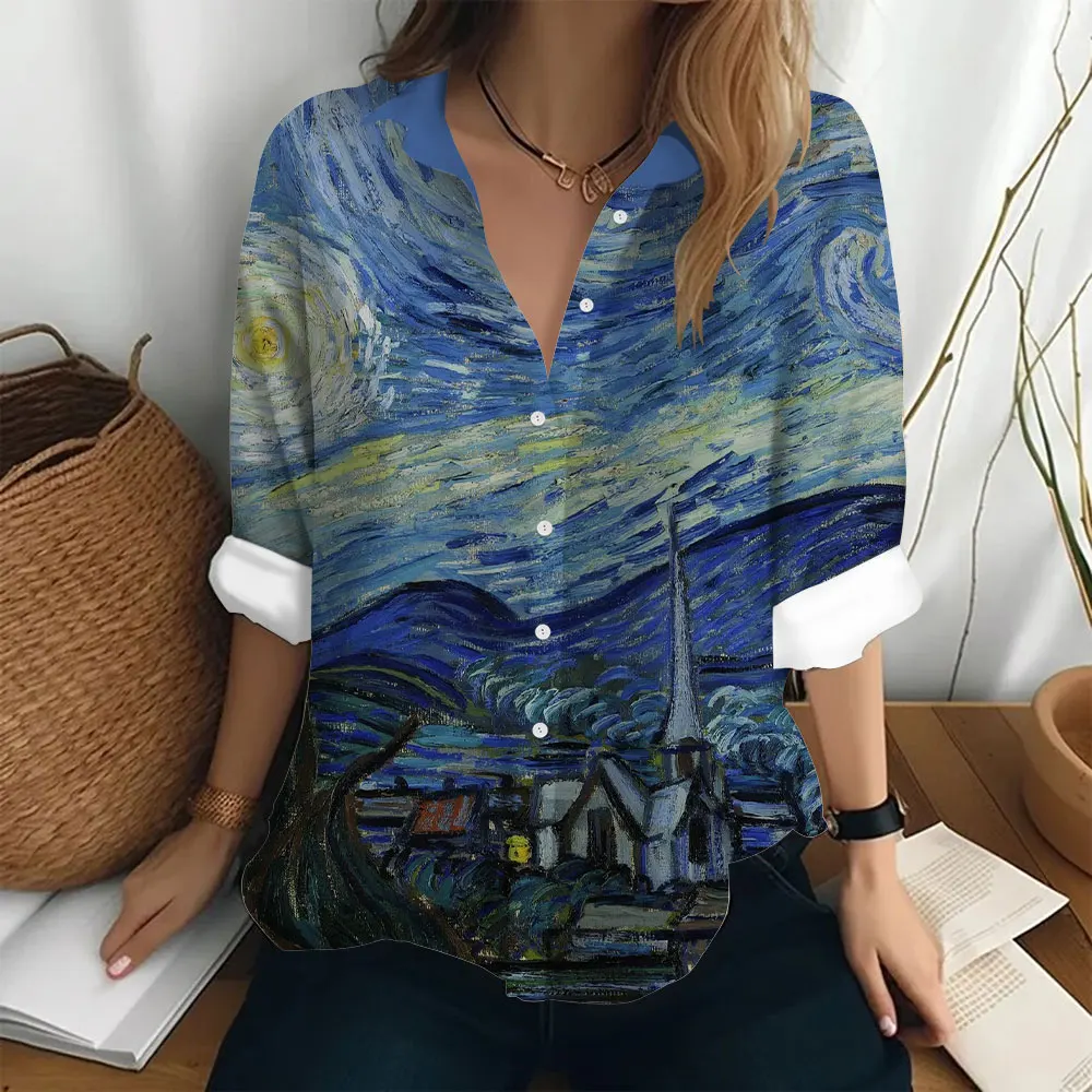 

Женские рубашки и блузки, рубашка с абстрактным принтом звездной ночи Ван Гога, новинка 2024, элегантная женская блузка с длинными рукавами, женская одежда