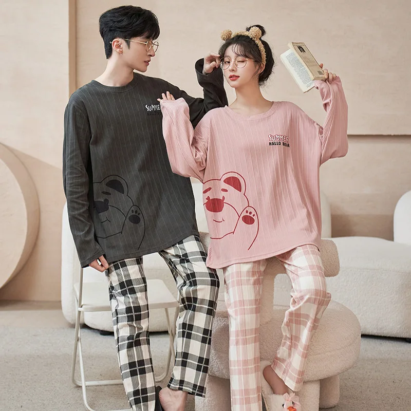 Korean Fashion Nightwear For Couples Cotton Women's Cartoon Cute Pijamas Men's Long Sleeve Sleeping Tops Pajamas Set Female Male