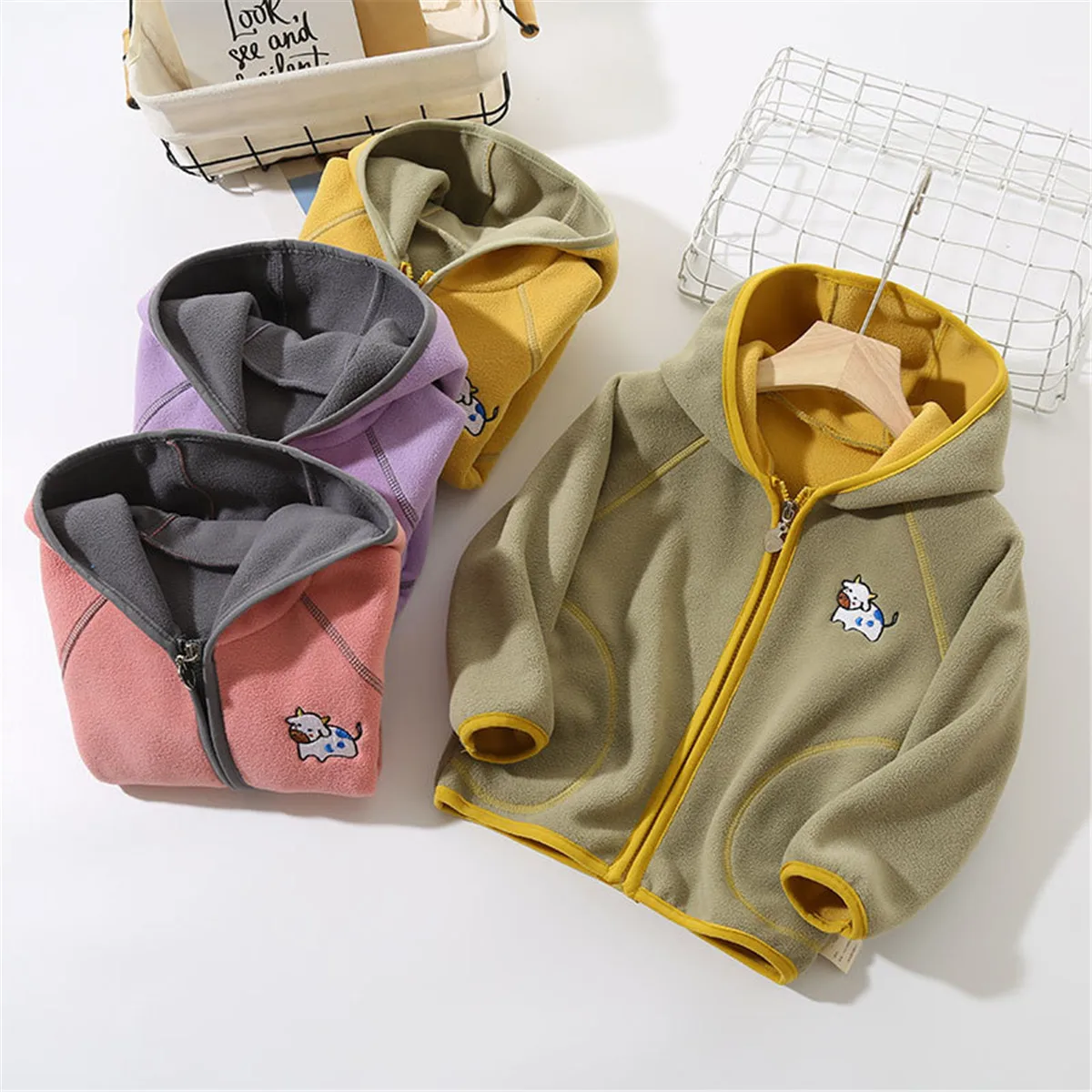 

Куртка для девочек, пальто, осенне-зимняя Мягкая флисовая толстовка с капюшоном, куртка для мальчиков, плотная теплая детская верхняя одежд...