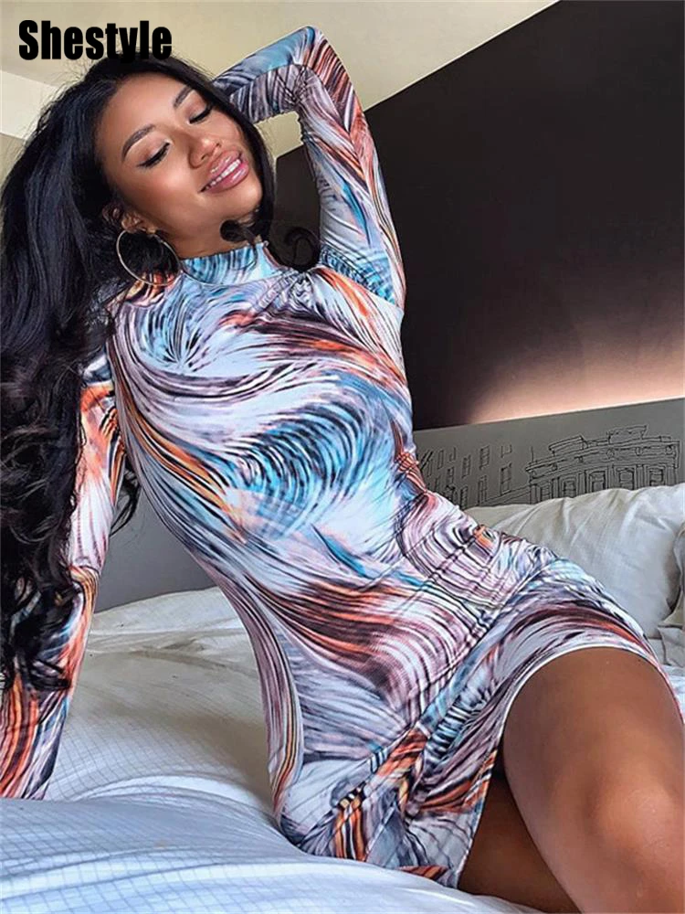 Shestyle Paisley Universe Print Colorful Dress WomenSexy Bodycon Slim Multi Color Glamorous Fitted Mock Neck Mini SHort Dresses