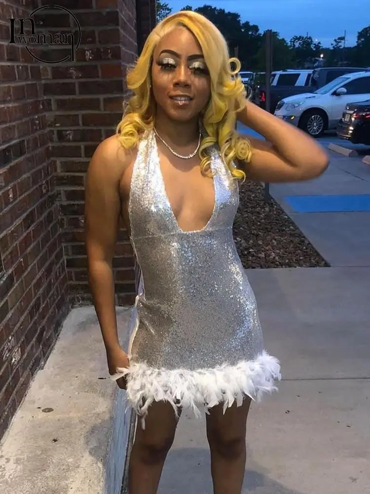 

Летние сексуальные черные и белые платья Inwoman для женщин 2022 Серебряное Вечернее платье без рукавов с лямкой на шее облегающее Сверкающее же...