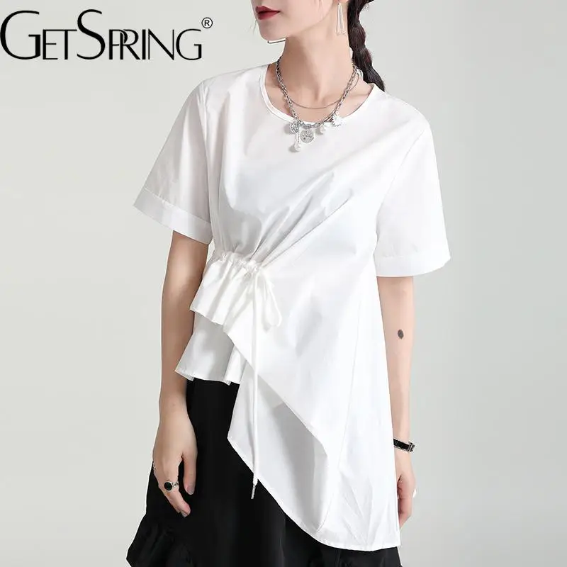 

Getspring Women Blouse Asymmetrical Drawstring Straps Cotton Shirt Tops Irregular Black White Short Sleeve Long Tops 2022 New