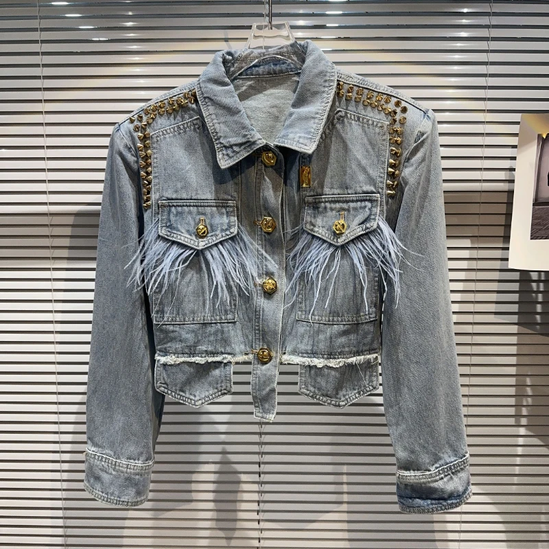 

Демисезонное джинсовое пальто для девочек с металлическими заклепками и краями из искусственного меха, джинсовая куртка-бомбер с бисером, ковбойский кардиган с перьями, топы, жакеты