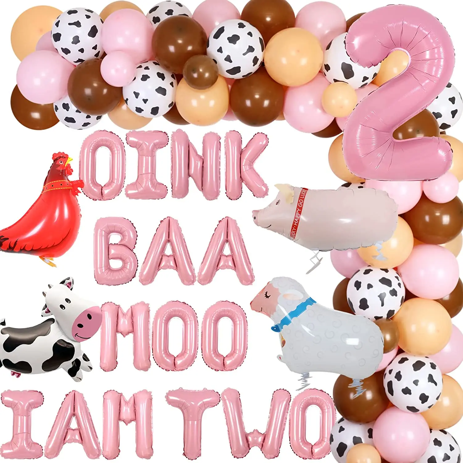 

Farm Barnyard Theme 2nd Birthday Party Decorations Girls Pink Brown Animal Balloon Garland with Oink Baa Moo I Am Two Balloons