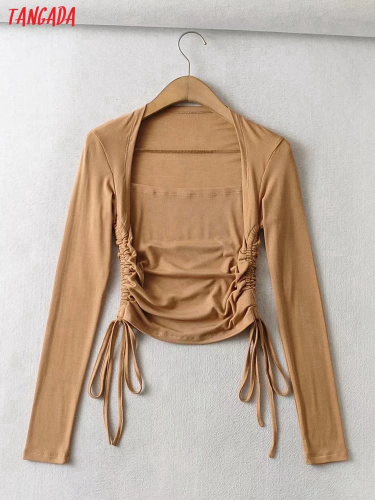 

Кроп-Футболка женская плиссированная с длинным рукавом и квадратным вырезом