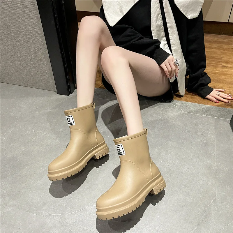 2023 Women Slip-on Rubber Rain Boots Waterproof Water Shoes Female Rain Shoes Mid-calf Boots