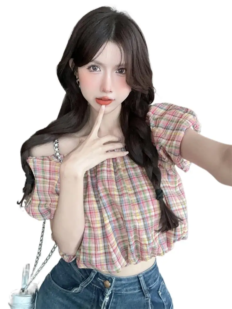 

Женский хлопковый укороченный топ, винтажная Свободная блузка в праздничном стиле с воротником-лодочкой и пышными рукавами, лето 2023