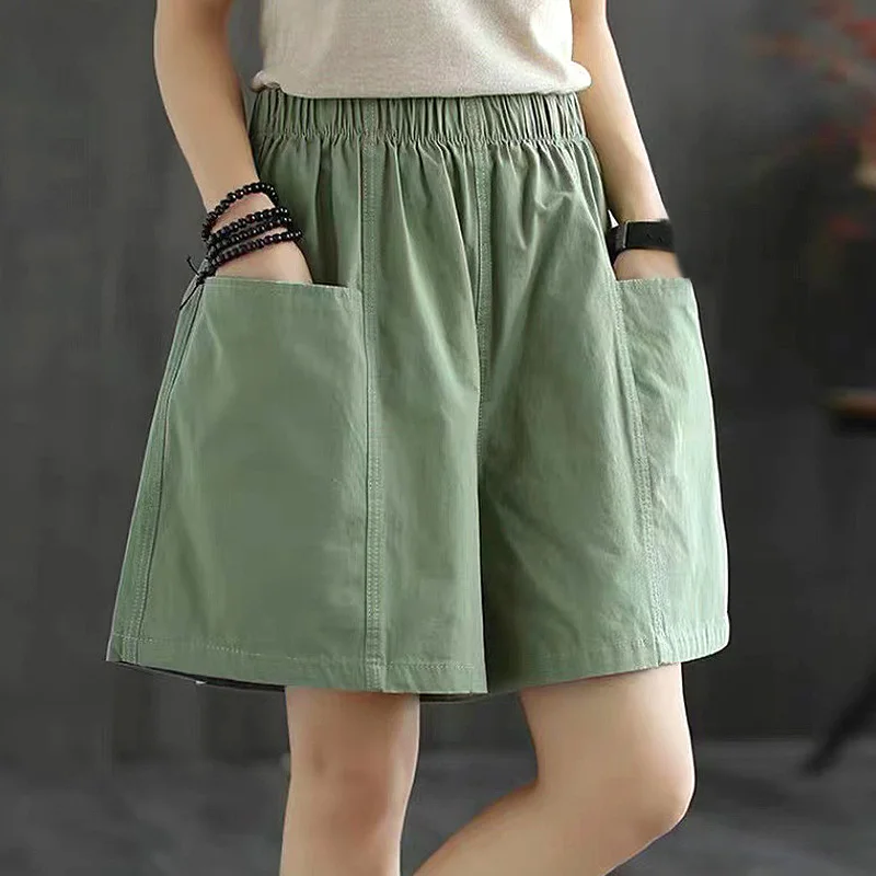 

Women Shorts Spring Summer 2023 Loose Linen Cotton Solid Casual Korean Wide Leg Pant Drawstring Elastic Waist Bikers Shorts