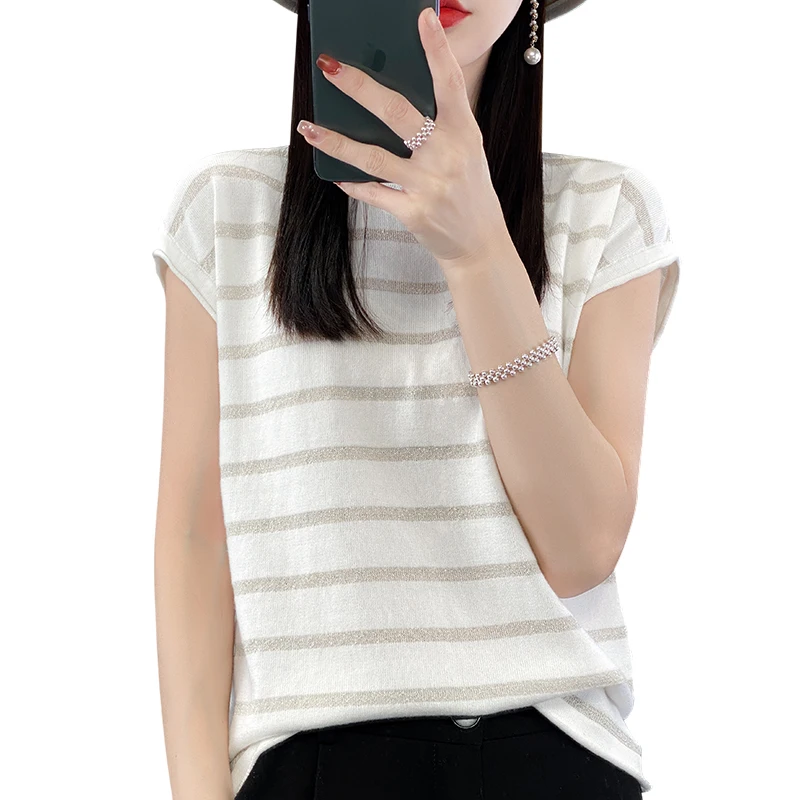 

brand Women's 100% Cotton T-shirt Fashion Versatile 23 New Knitted Women's Pullover O-Neck Sweater Thin Summer T-shirt