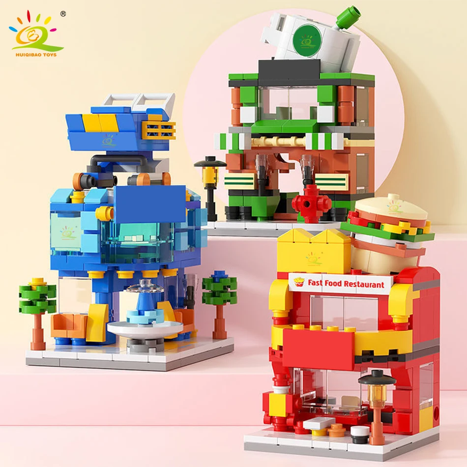 

HUIQIBAO City Street View Hamburger Fast Food Shop Building Blocks DIY Construction Beverage Shop Bricks Toys For Children Gift