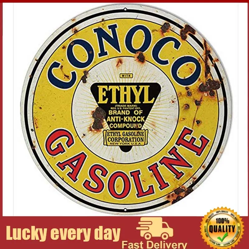 

Extra Large Rustic Looking Conoco Gasoline Motor Oil Round Metal Tin Sign Garage Sign Oil Sign 12X12 Inches metal decor