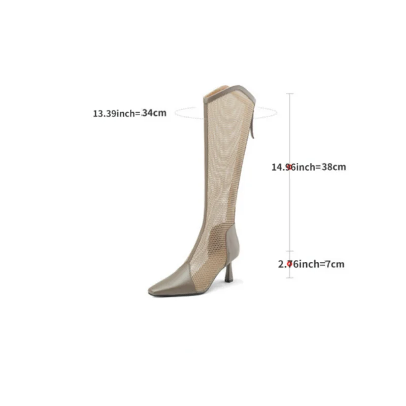 2023 Spring and Summer Square Head Thin Heel Hollow High Tube Mesh Boots Mesh High Heel Genuine Leather Women's Cool Boots