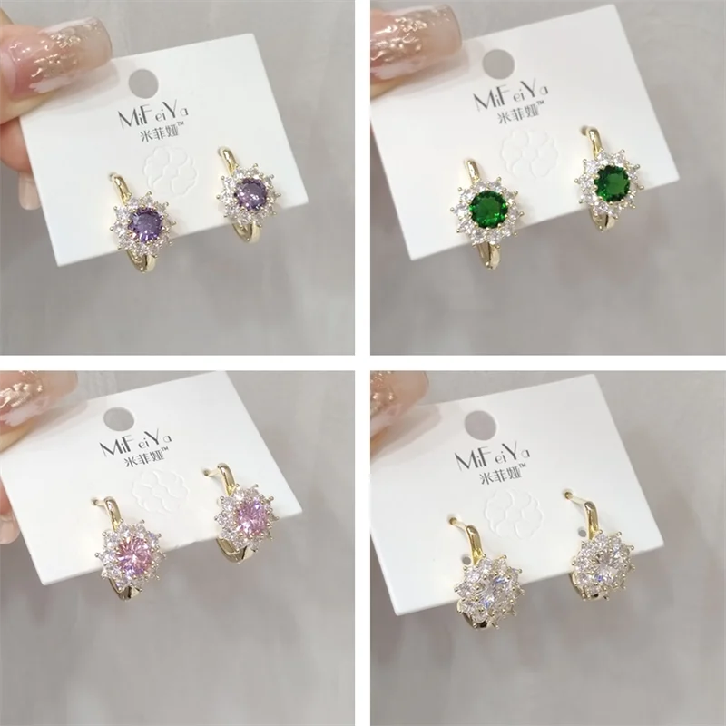 New Copper Inlaid Zircon Earrings Flower Four Seasons Ear Buckle Niche Design Temperament Small Fresh Light Luxury Earrings