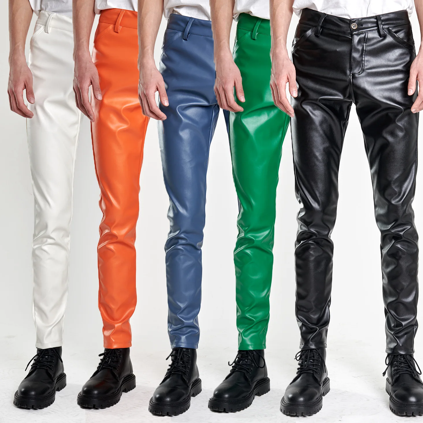  2023 Brand Men 5 Color Leather Pants Skinny Fit Elastic Fashion PU Leather Trousers Party & Dance Pants Thin Drop Shipping