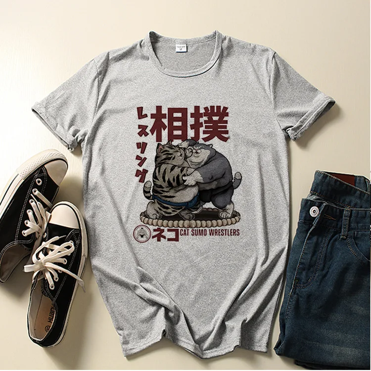 Мужская модная повседневная футболка с рисунком кошки сумо коротким рукавом