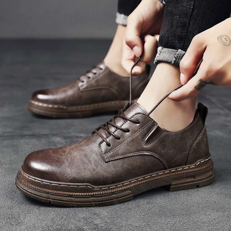 

Fashion 2022 Men's Ankle Shoes Spring Solid Color Lace-up Male Casual Shoes Business Sewing Working Flat Men's Leather Shoes