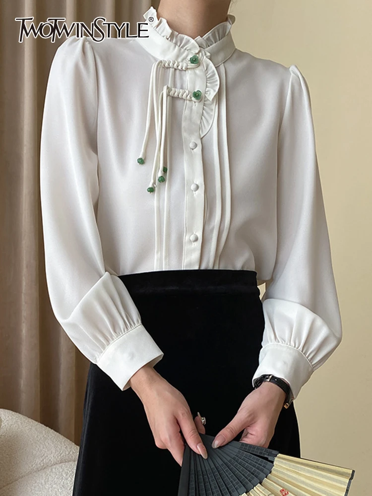 

TWOTWINSTYLE Solid Spliced Lace Up Shirt For Women Stand Collar Long Sleeve Patchwork Single Breasted Elegant Blouse Female 2023