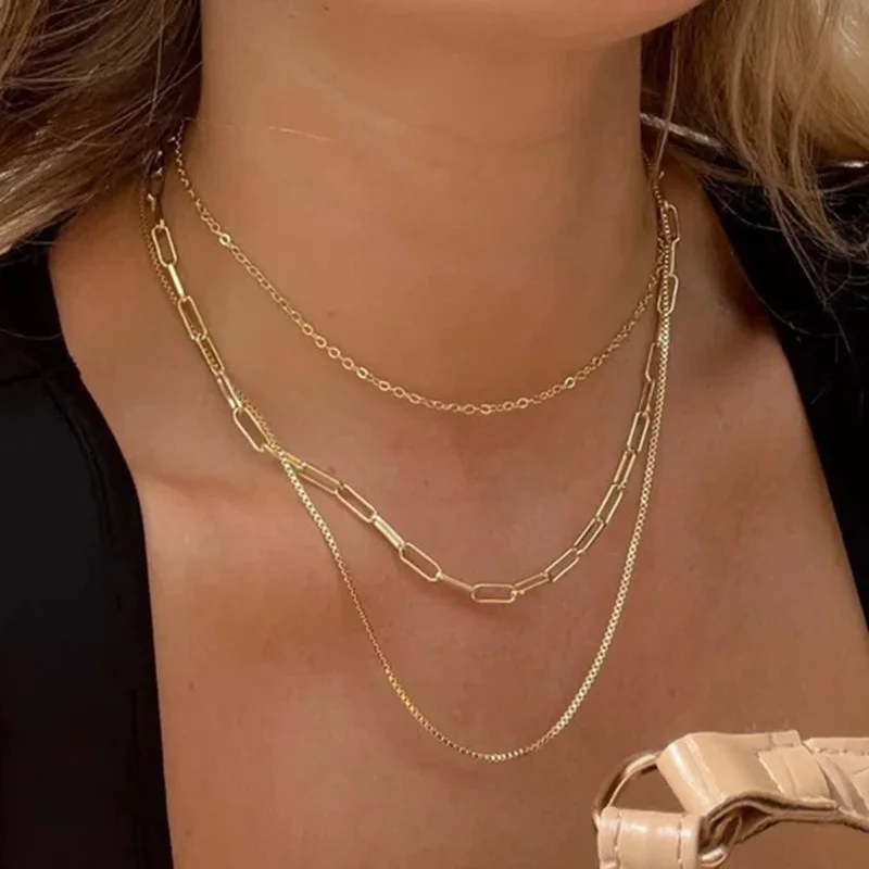 

Gold Plated Stainless Steel Three Layer Necklace Delicate Bohemia Style Box Chain Necklaces for Women Summer Jewelry Bijoux