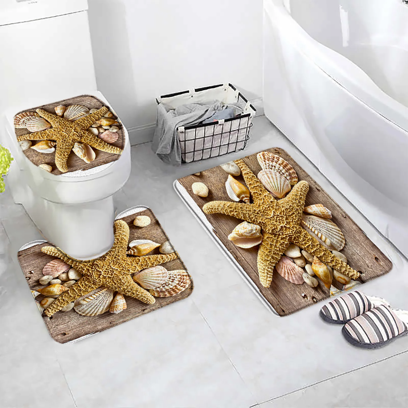 Beach Starfish Shell 3 pcs Set Bath Mat Teal Octopus Turtle Wood Grain Anti Slip Bathroom Rugs Bathroom Accessories Sets Carpets