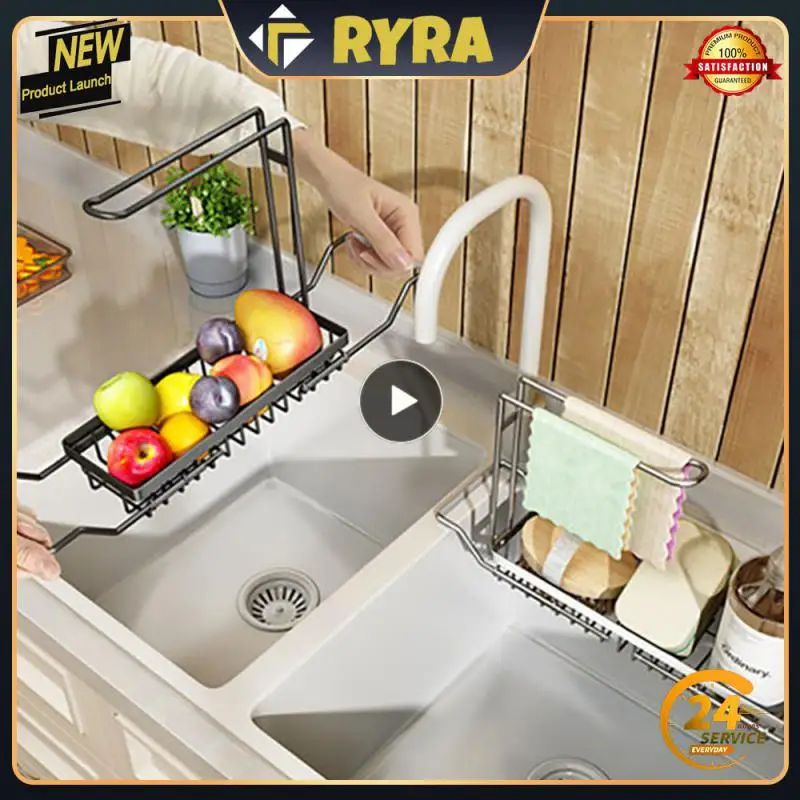 

Towel Rack Telescopic Sink Shelf 2-in-1 Soap Sponge Holder Storage Basket Draining Shelf Stainless Steel Drain Basket Portable
