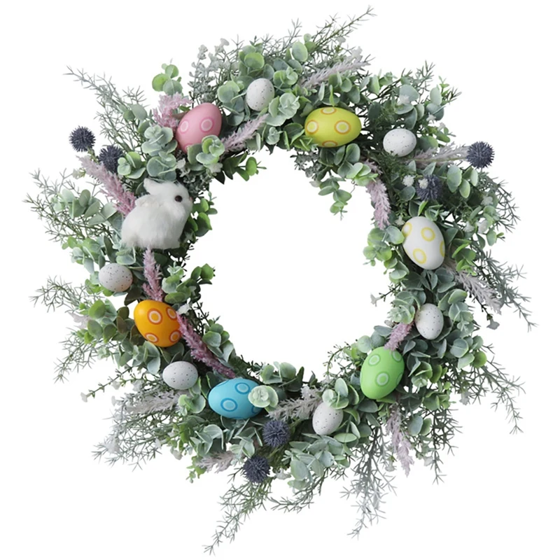 

Easter Wreath for Front Door Decorated with Artificial Eggs Flowers Rabbit