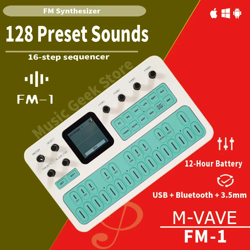 Фото Синтезатор M-VAVE FM-1 бело-зеленого цвета – 128 пресетов, встроенный динамик, 12 часов работы от батареи, Bluetooth MIDI, 6 операторов, 32 алгоритма. №1