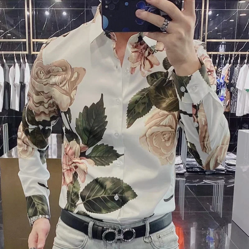

Fall Vintage Flower Shirts For Men Streetwear Casual Business Dress Shirt Social Party Tuxedo 2022 Men Clothing Camisa Hombre