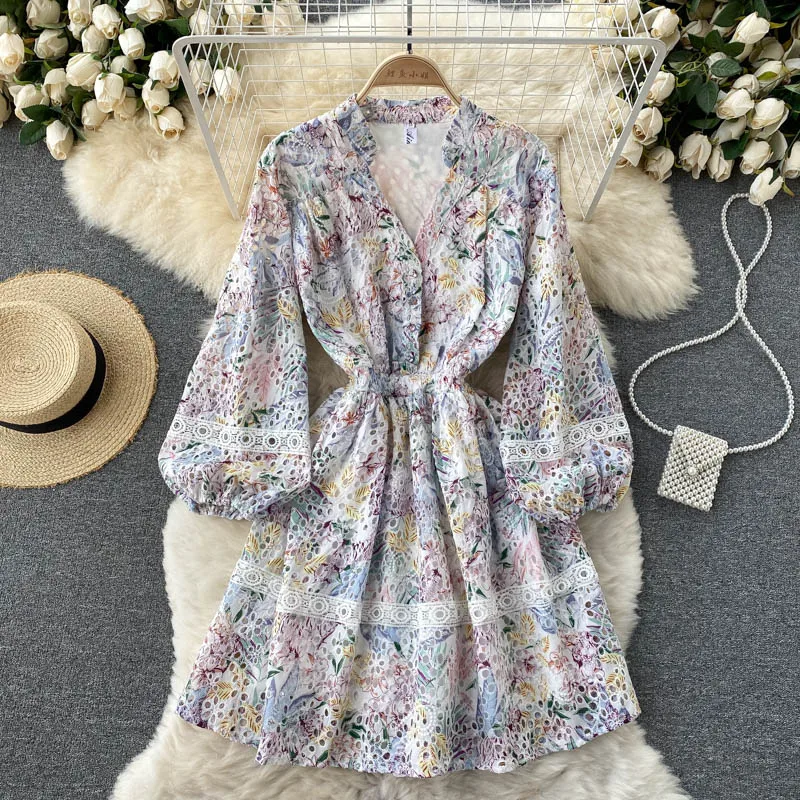 

Women Floral Hollow Out Embroidered Mini Dress Spring Vintage V-Neck Puff Long Sleeve High Waist Casual Vestidos Midi 2022 New
