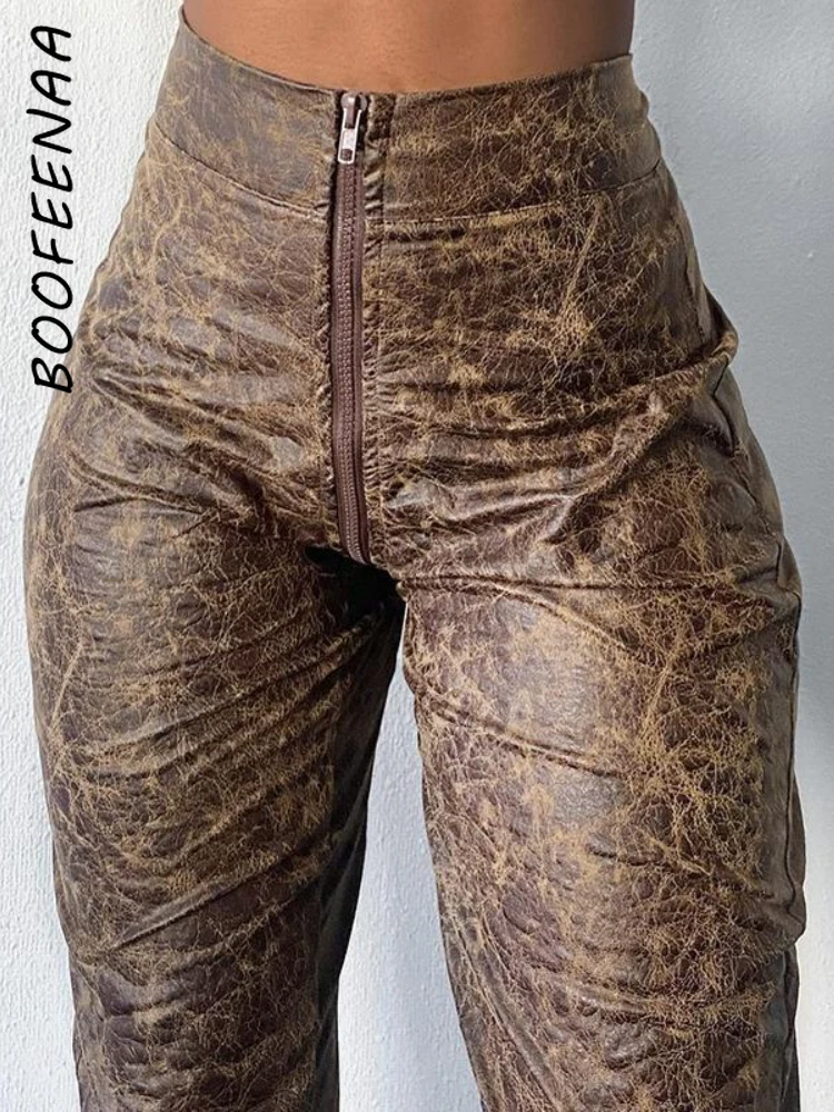 

BOOFEENAA Vintage Zipper High Waisted Pants 2022 Fall Clothes for Women Bottoms Sexy Fashion Brown Trousers C66-DI38
