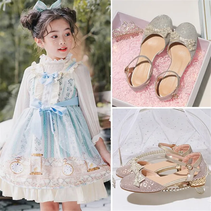 Princess Girls Party Shoes Children Sandals Sequins High Heels Diamonds Girls Sandals Peep Toe crystal Kids dress Shoes 2.5CM