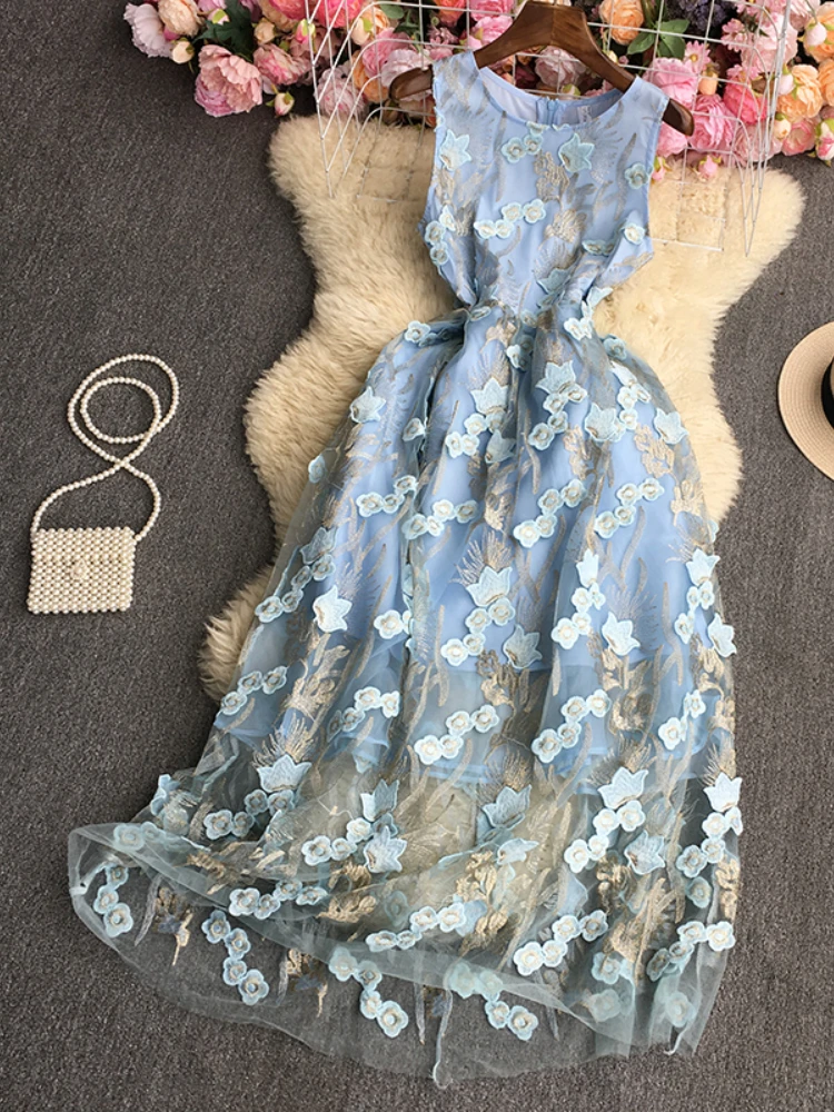 

Fitaylor New Summer Embroidery Floral Long Dress Women Elegant O-neck Sleeveless A-line Dress Lady Fashion Slim High Waist Dress