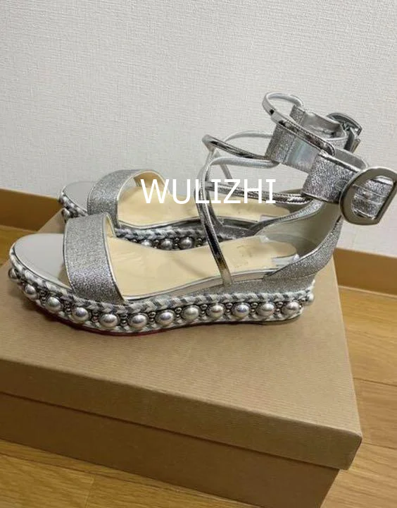 Women Silver Shiny Sequins Wedge Flat Sandals Platform Open Strap Espadarille Gladiator Metal String Bordered Summer Casual Shoe