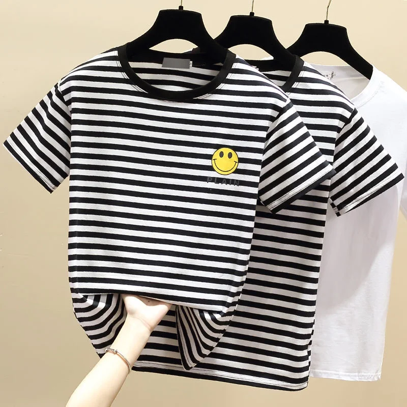 

2022 New Women Classic Striped Short Sleeve T-shirts Female Streetwear Summer Cotton Tees Tops Casual
