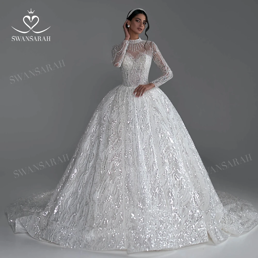 

Beading Ball Gown Wedding Dress 2023 Luxury Long Sleeve Court Train Princess Bride SwanSarah N441 Plus Size Vestido De Novia