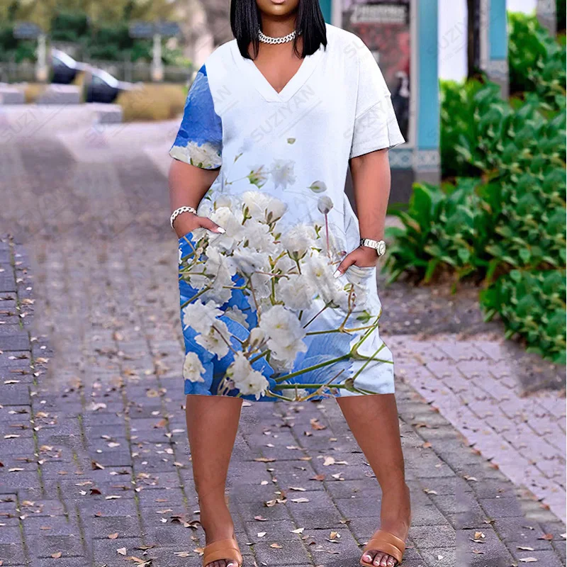 

Plus Size Dresses Chic Clothing Wild Fashionable Printed Beach Free 2022 V Neck And Knee Length Women Style Woman Dress