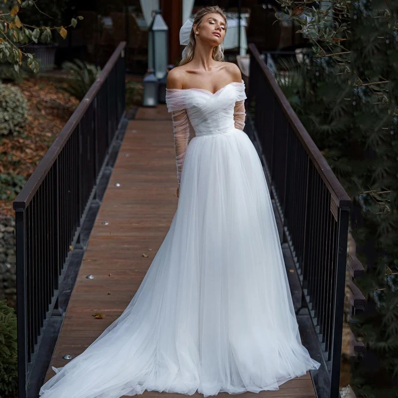 

Sexy Wedding Dresses White Off Shoulder Tulle Bride Dress Long Sleeves A-Line Elegant Wedding Evening Gowns Plus Size