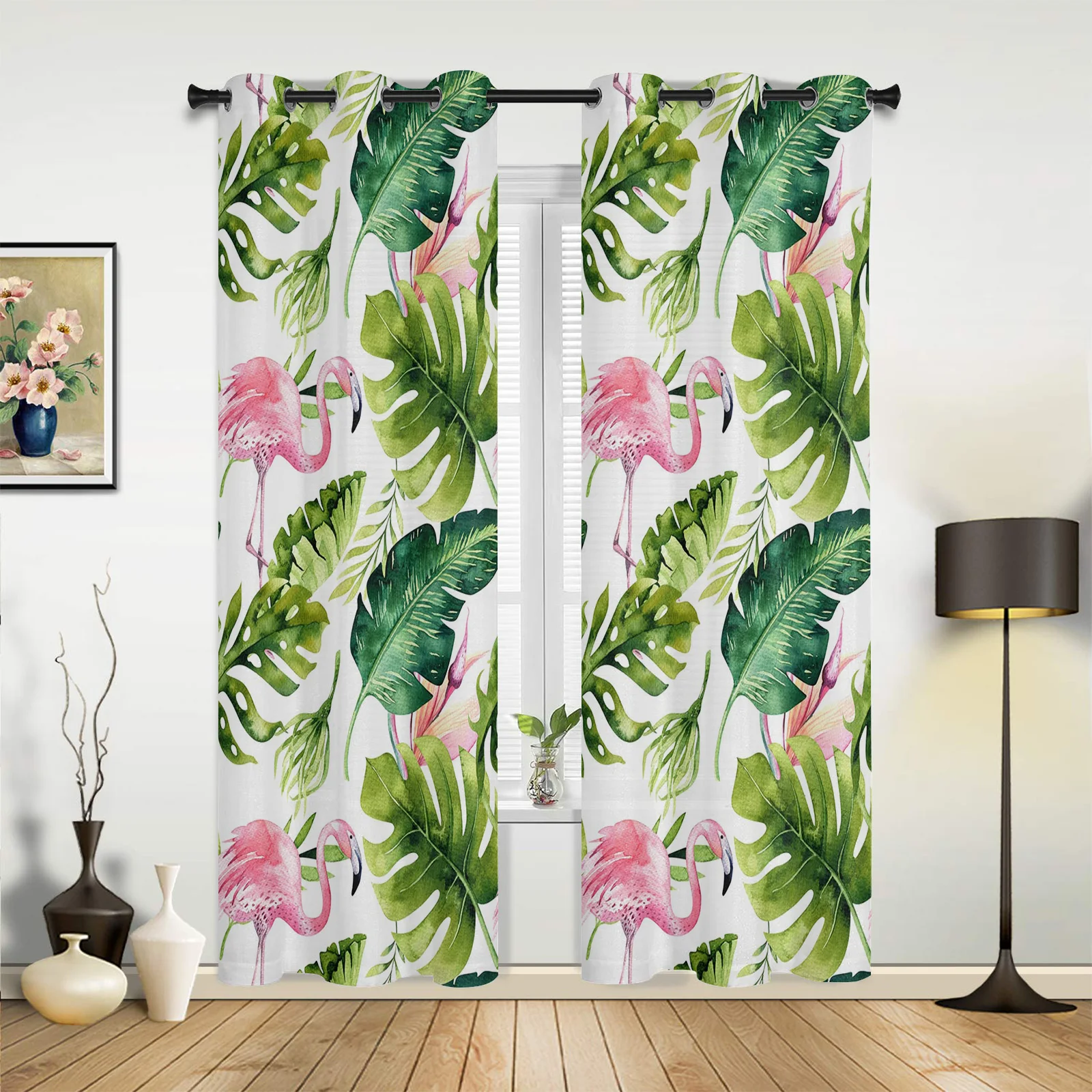 

Занавеска на окна с тропическим растением фламинго, прозрачная, для гостиной, левое и правое, с рисунком, для спальни