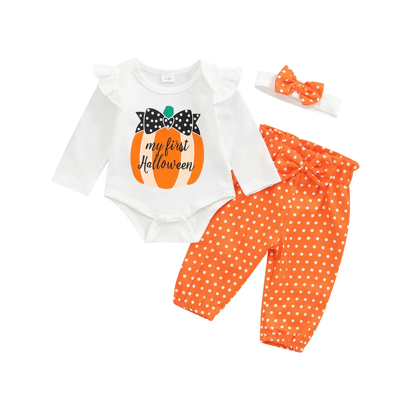 

2022-07-05 Lioraitiin 0-12M Новорожденные Девочки 3 шт. Хэллоуин Layette Белый с длинным рукавом комбинезон с изображением тыквы точки узор брюки головной у...