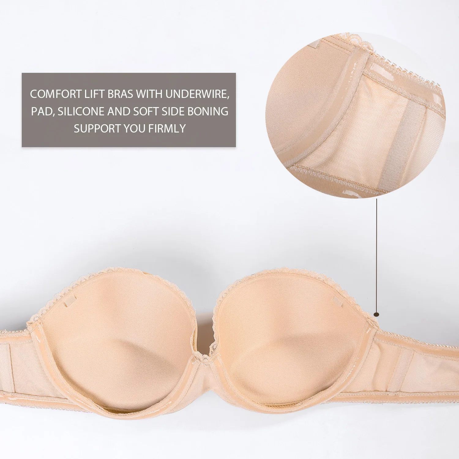 DOBREVA Women's Smooth Push Up Strapless Bra Plus Size Padded Underwire Multiway Bandeau