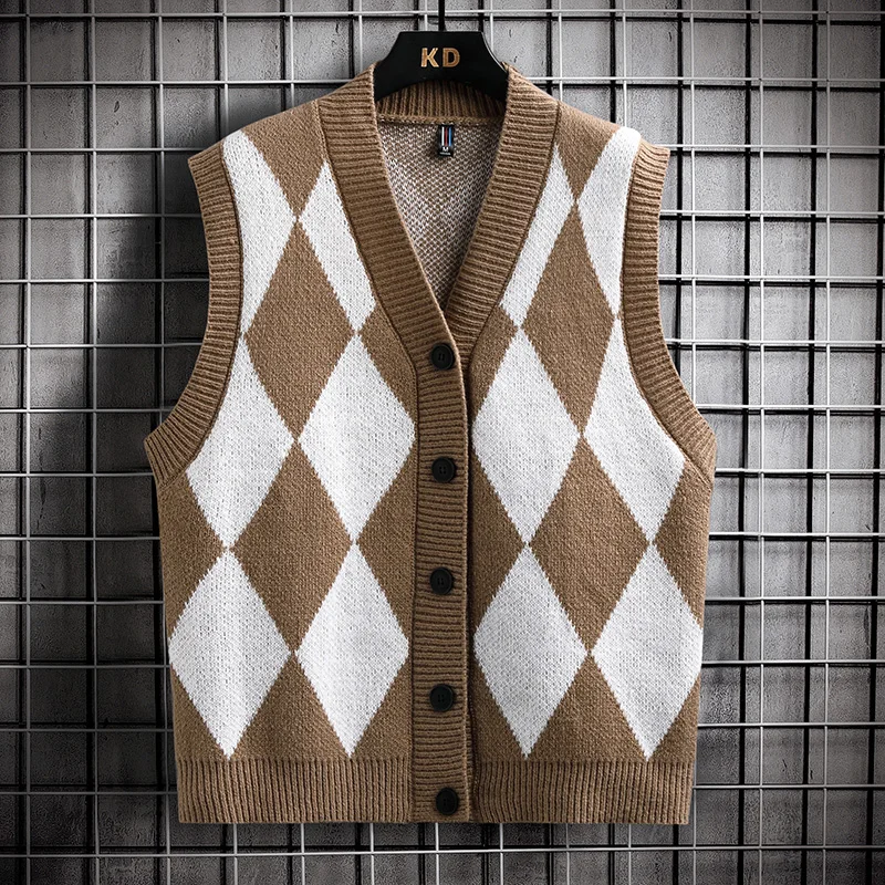 

Sueter Hombre Mens Cardigans Warm Casual Sweaters Men V-neck Tops Rhombic Lattice Youth Man Clothes Comfortable Knitted Vest