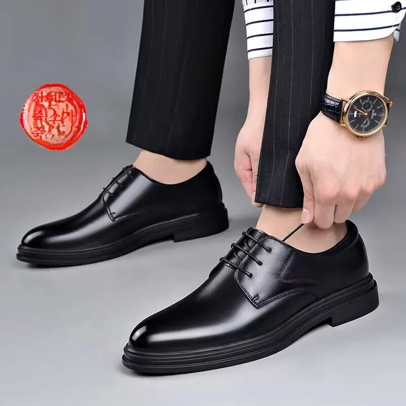 Plover Spring and Autumn New Leather Shoes Men's Lace-up Business Casual Thick Bottom Pointed Toe Guest look Be...