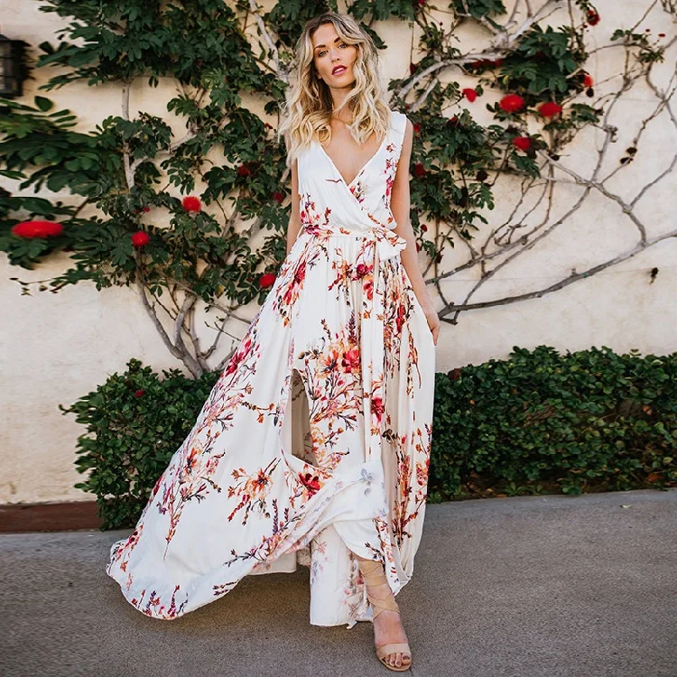 

2022 Spring Summer Women's V-neck Print Openwork Large Swing Red Flower Long Dress