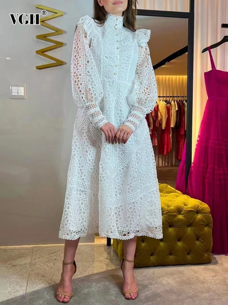 VGH High Street Solid Lace Panel Midi Dress For Women Stand Collar Loose Long Sleeve Patchwork Embroidery Dresses Female Fashion