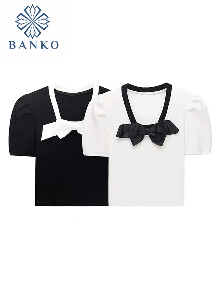 

Korean Fashion Women T-shirts Summer Vintage Sweet Bow Square Collar Fairy Clothes Bodycon Solid Puff Sleeve Tops Ladies 2022