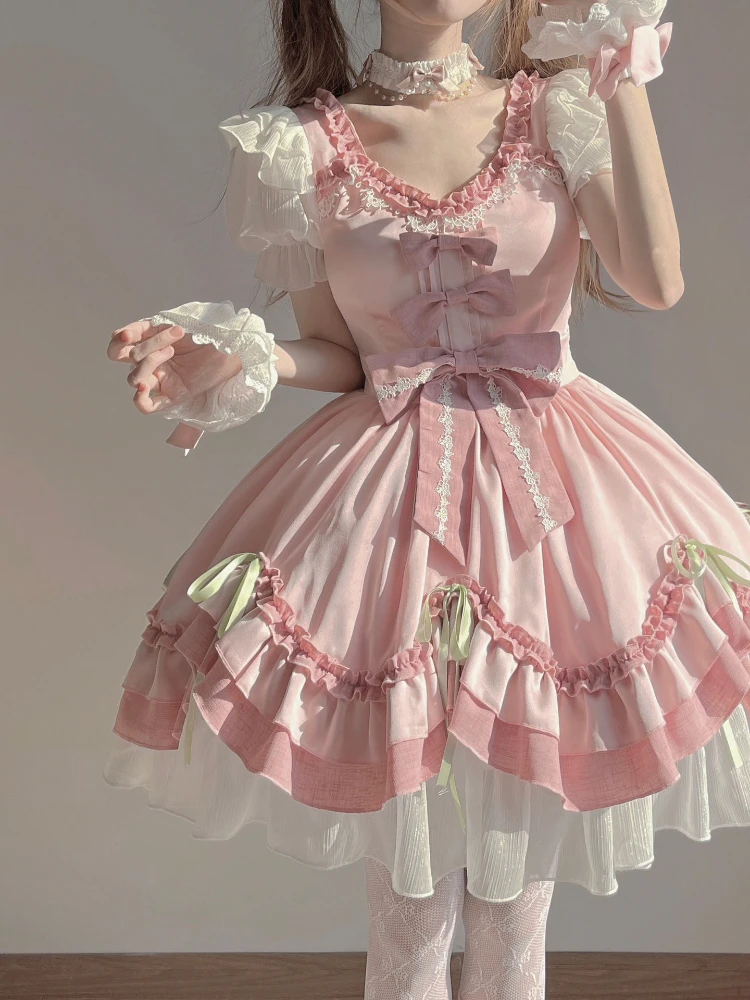 

2023 Summer Sweet High Waist Dress Chic Fairy Short Sleeve Kawaill Mini Dress Women French Casual Lolita Party Dress Style